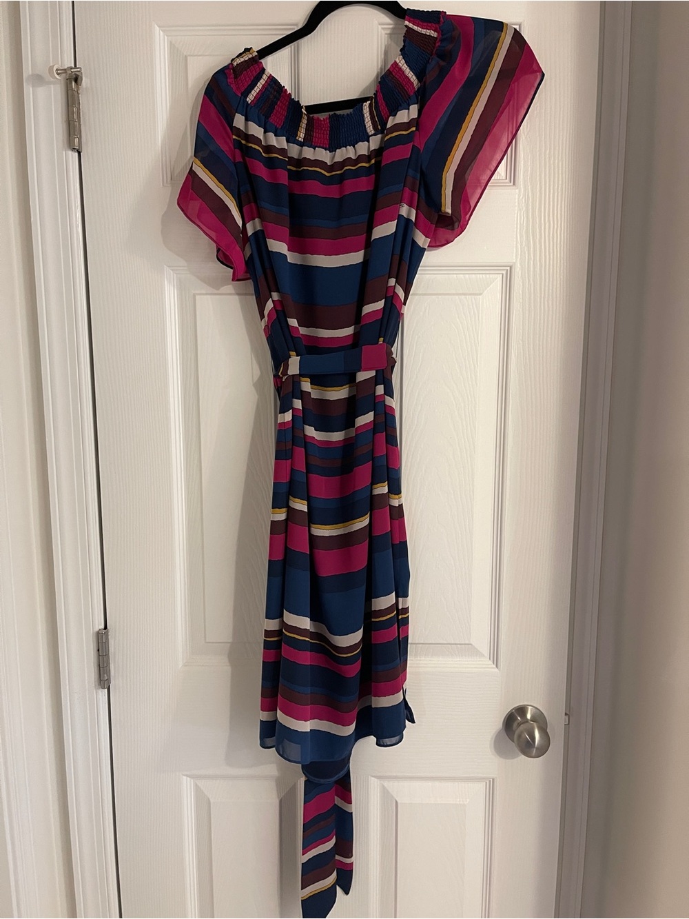 NWOT Trina Turk Navy, Pink and Teal Off-Shoulder Striped Mini Dress - Picture 3 of 4